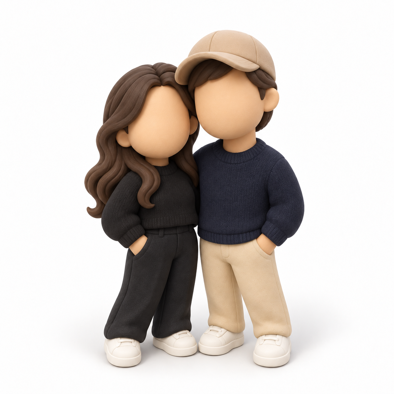 Transformasi pasangan yang sama menjadi dua figur clay faceless, dengan rambut, topi dan warna pakaian tetap dikenali